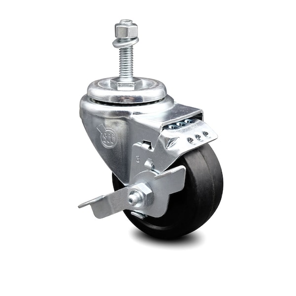 3.5 Inch Soft Rubber Wheel Swivel 3/8 Inch Threaded Stem Caster with Brake SCC